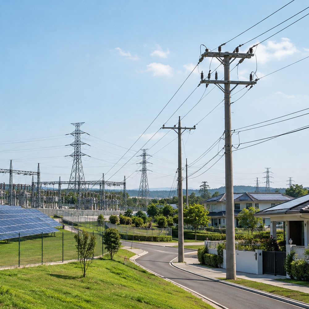 Rede elétrica com postes e subestação ao lado de uma usina solar