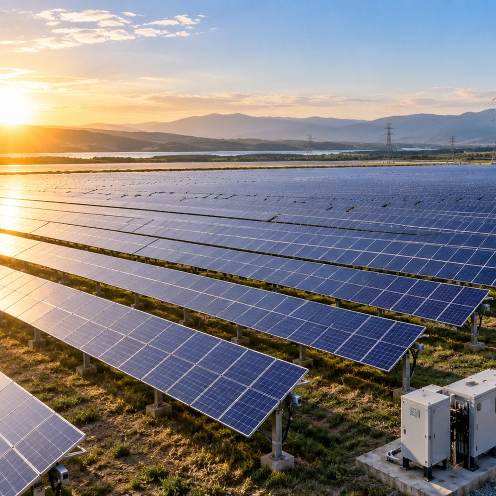 Usina solar com fileiras de painéis ao pôr do sol
